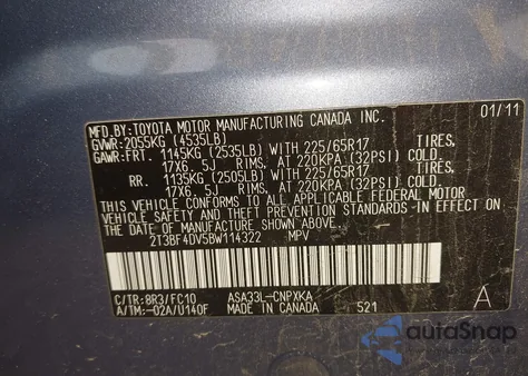 2011 Toyota Rav4 z USA, uszkodzony, nr VIN 2T3BF4DV5BW114322